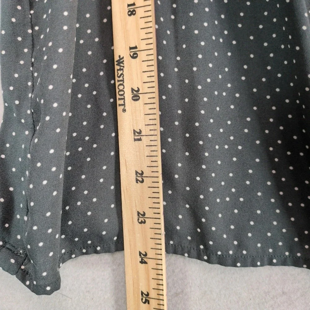 Loft Dotted Smocked Mixed Media Blouse Top Sz‎ M Gray Ruffle, Long Puff Sleeve
